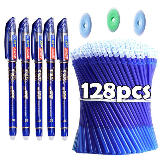 128 Plumas De Gel Borrables Tinta Azul+repuestos Y Borradors