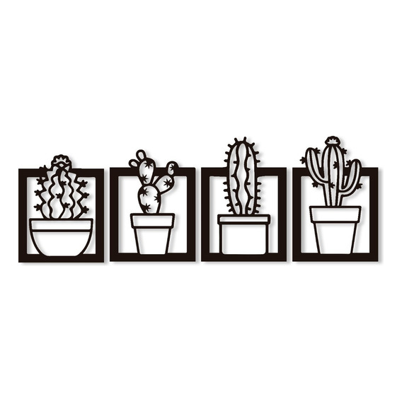 Cuadro Artesanal Cuadriptico Cactus Calado En Mdf - 120x42cm Armazón Negro