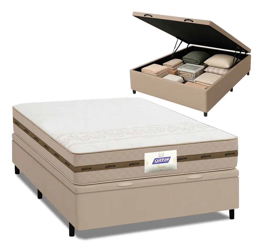 Cama Box Baú Casal Colchão Gazin Molas Flora Bege 138x188x61cm - Imagem 5