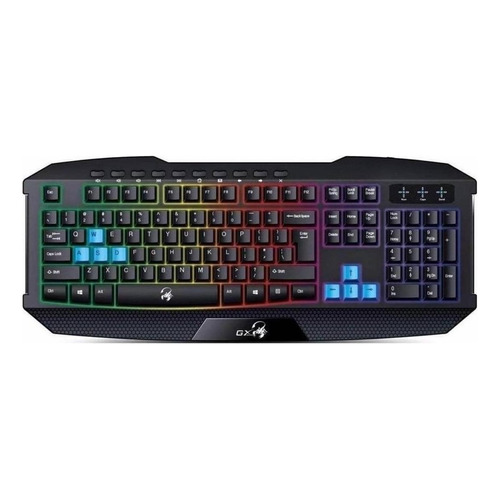 Teclado gamer Genius Scorpion K215 QWERTY español color negro con luz de 7 colores