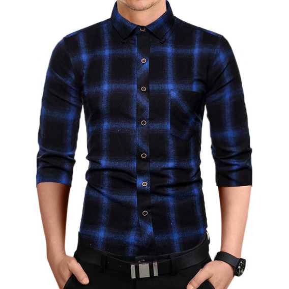 Camisa Manga Larga Cuadros Para Hombre Moda Slim Fit