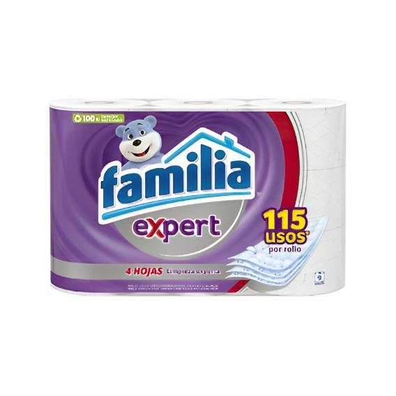 Papel Higiénico Familia Expert 115 Usos - 9 Rollos - 4 Hojas