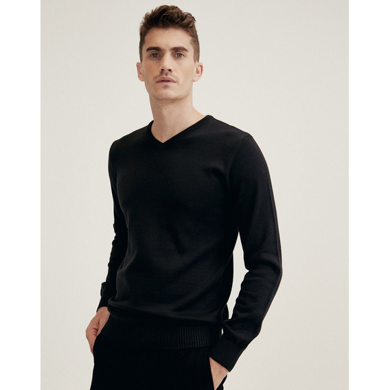 Sweater Nidda, Hombre, Escote V, Algodón, Negro, Equus