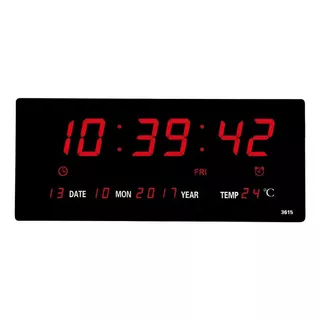 Relógio Parede Led Digital Grande Calendário Temperatura Estrutura Preto Fundo Vermelho