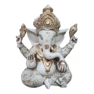 Ganesha Grande Branca Deus Fortuna Prosperidade Em Resina Cor Branco E Dourado