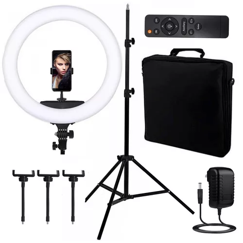 Aro De Luz Led 18 '' 45cm Profesional Fotografia Fukuoka Fk-bk416 , Luz  Calida Fria 3200k - 5500 K , Incluye Tripode Control Remoto Soporte Celular  X 3 Y Bolso , Con Usb Para Cargar Celular , 65 Watts