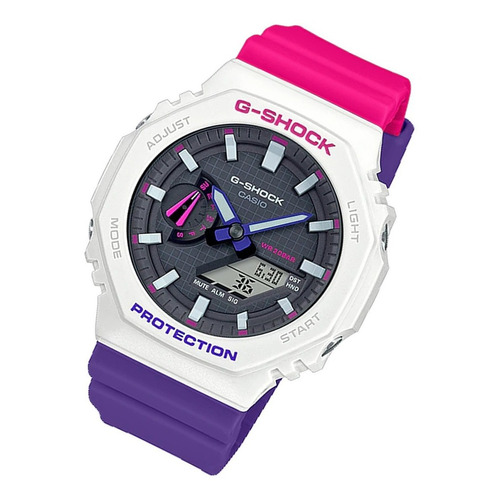 Reloj pulsera Casio GA-2100 con correa de resina color rosa/violeta - fondo gris - bisel blanco
