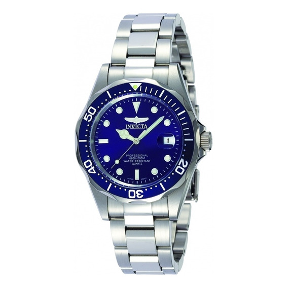 Reloj pulsera Invicta Pro Diver 9204OB de cuerpo color acero, analógico, para hombre, fondo azul, con correa de acero inoxidable color acero, agujas color acero y blanco, dial blanco y acero, minutero