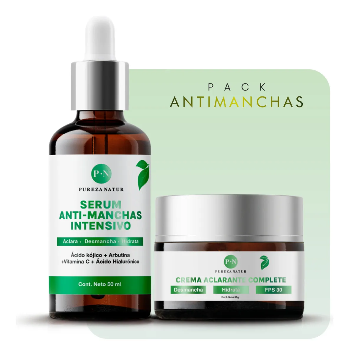 Pack Antimanchas Aclarante Intensivo Antiedad Facial todo Tipo De Piel con serum antimanchas y crema facial complete FPS 30 Pureza Natur