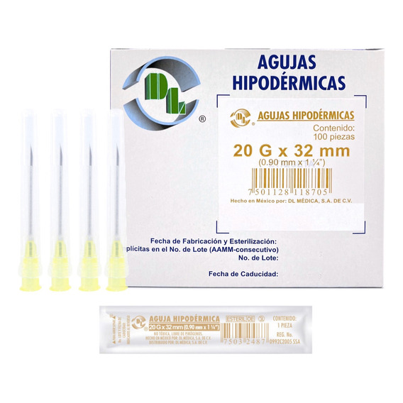 Aguja HiPodérmica Calibre 20x32 Amarilla Caja Con 100 Capacidad en volumen 1 mL