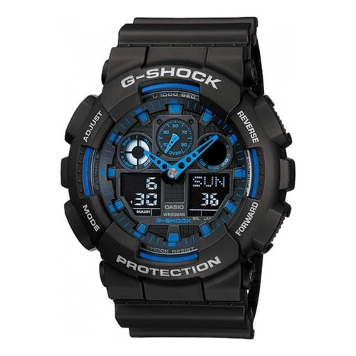 Reloj pulsera Casio G-Shock GA100 de cuerpo color negro, analógica-digital, para hombre, fondo negro, con correa de resina color negro, agujas color azul, dial negro y azul, subesferas color negro, gris y azul, minutero/segundero azul, bisel color negro y azul y hebilla doble