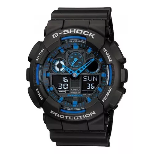Reloj de pulsera Casio G-Shock GA100 de cuerpo color negro,  analógico-digital, para hombre, fondo camuflado gris, con correa de resina  color negro, agujas color azul y blanco, dial gris, subesferas color gris