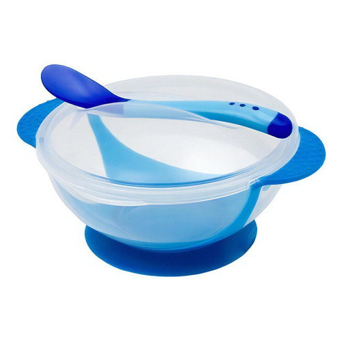 Plato Bowls Con Tapa + Cuchara Termosensible Base C/ Sopapa Color Azul