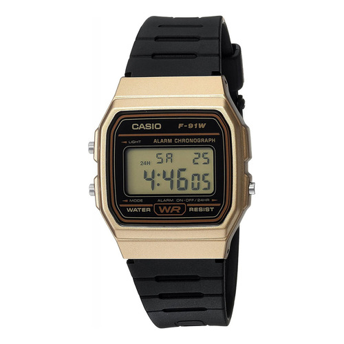 Reloj pulsera Casio Collection F-91WG-9QDF-SC de cuerpo color dorado, digital, para hombre, fondo dorado, con correa de resina color negro, dial negro, minutero/segundero negro, bisel color negro y hebilla simple