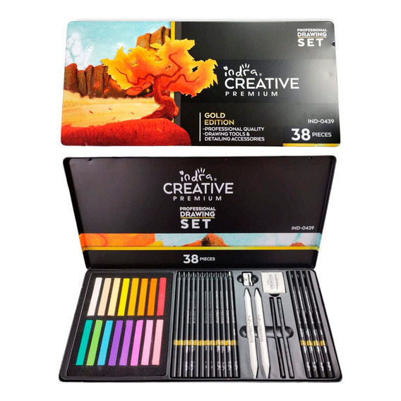 Set De Arte Pastel Profesional Indra Gises + Carbones 38 Pzs Color Del Trazo Edicion Gold