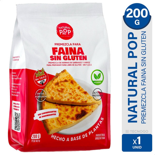 Premezcla Faina Sin Gluten Natural Pop Vegano Alto Proteina Natural Pop Faina Premezcla Para Faina Sin Gluten - Unidad - 1 - 200 g