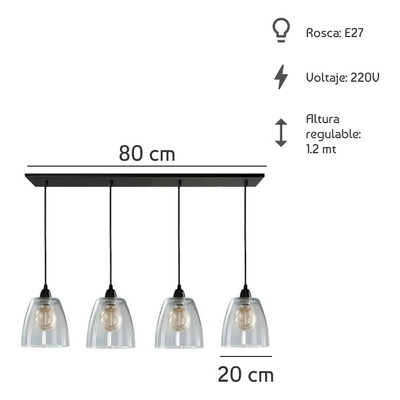 Colgante 4 Luces Vidrio Transparente Negro Vintage Apto Led