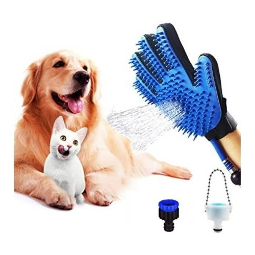 Guante Masajeador Ducha Para Mascotas De Silicona Y Manguera Color Azul/Negro