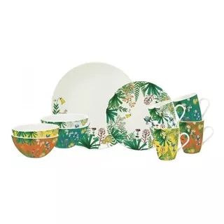 Set Vajilla Ceramica Jungle X16 Platos Taza Plato Postre Color Blanco