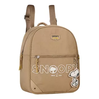 Mochila Snoopy Em Tactel Casual Feminina Com Chaveiro Sp2846 Cor Bege Desenho Do Tecido Liso