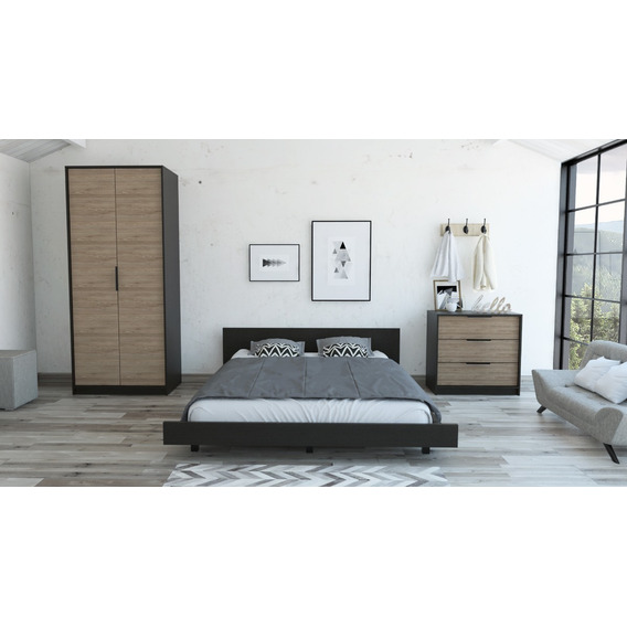  Cama 2 Plazas + Closet 2p + Comoda 3c - Wengue / Miel 