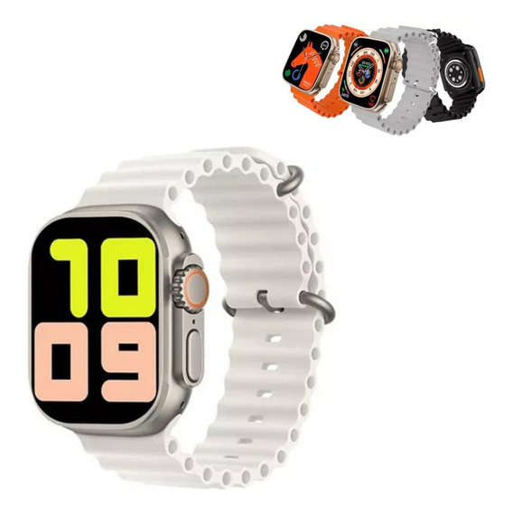Smart Watch T900 Ultra Smartwatch negro, 49 mm, Android iOS, funda plateada, pulsera color crema, bisel plateado, diseño de pulsera de malla