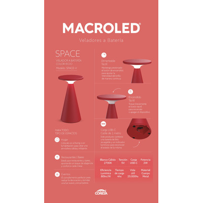 Velador De Mesa Space Rojo Inalámbrica Led Mc