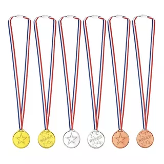 6 Medallas Para Competencias Plástico Oro Plata Bronce Niños