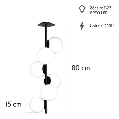 Lampara De Techo 6 Luces Best Negro Globo Opal Apto Led  Negro
