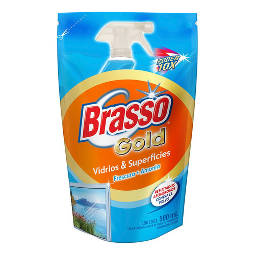 Limpiador BRASSO Gold Vidrios y Superficies Frescura + Armonía en doypack 500 ml