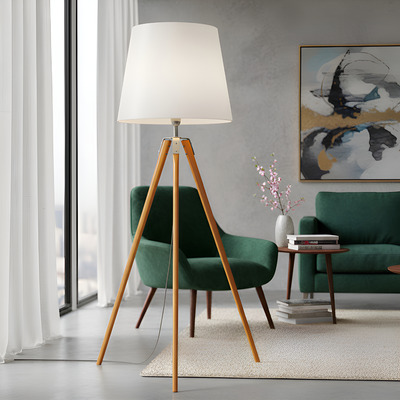 Lampara Pie Madera Tripode Nordic Moderna Rustica Living Car Estructura Madera Natural Pantalla Blanco