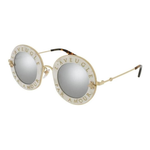 Anteojos de sol Gucci GG0113S con marco de metal color blanco/dorado, lente plateado de nailon espejada, varilla dorada de metal