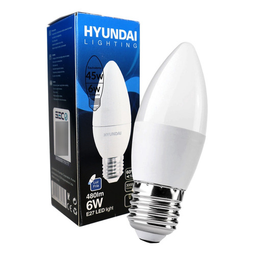 Pack 10 X Ampolleta Led Vela E27 Empavonada 6w - Hyundai Color De La Luz 6500k - Luz Fria Blanca