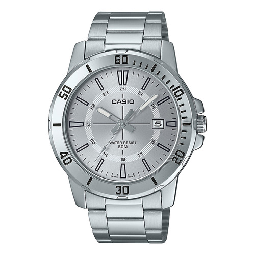 Reloj pulsera Casio MTP-VD01D-7CVUDF, analógica, para hombre, fondo plateado, con correa de acero inoxidable color plateado, dial plateado, bisel color plateado y desplegable