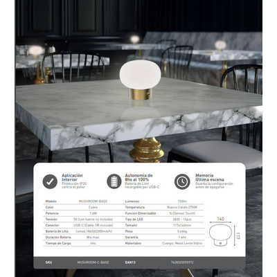 Velador De Mesa Mushroom Inalámbrica Led Con Base Dimer Mc