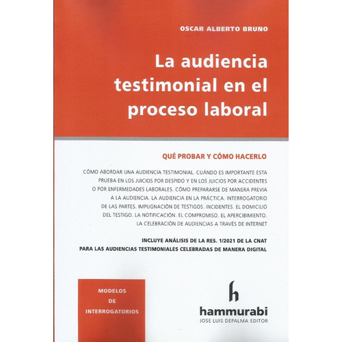 La audiencia testimonial en el proceso laboral. Qué probar y cómo hacerlo, de Aboso, Gustavo E.. Editorial Hammurabi, tapa blanda, edición 1 en español, 2021