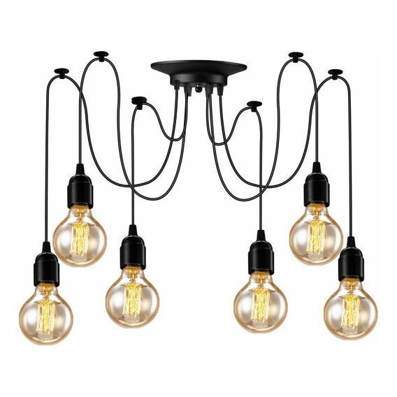 Lampara Colgante Vintage Retro 6 Luces E27 Negro Unilux