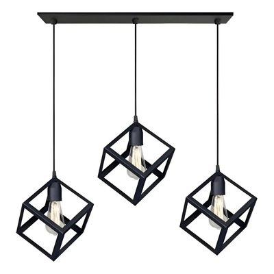 Colgante Jaula 3 Luces Cubo Moderna Vintage Apto Led 1007 Negro