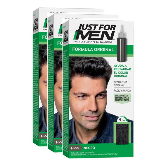  Tintura Shampoo Just For Men Tono Negro Formula Original Kit X 3 Unidades - Sin Amoniaco -  Solo 5 Minutos - Rapido Y Facil -