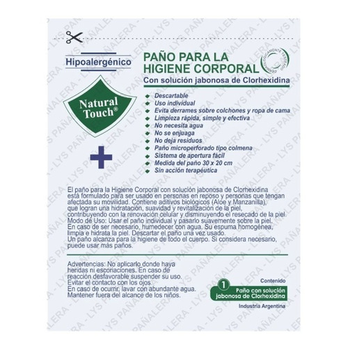 40 Paños Natural Touch Con Clorhexidina P/ Higiene Corporal