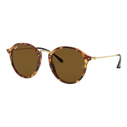 Anteojos de sol Ray-Ban Round Fleck Standard con marco de acetato color gloss tortoise, lente brown de cristal clásica, varilla gold de metal - RB2447