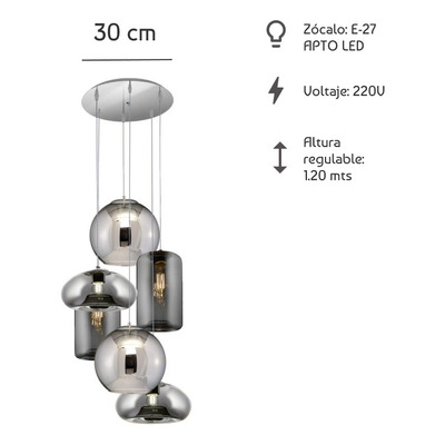 Colgante 6 Luces Desigual Fume Base Redonda Apto Led E27