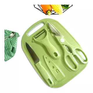 Conjunto Para Cozinha Tábua Faca Descascador Tesoura 4 Peças Cor Verde-claro