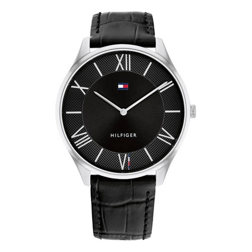 Reloj Tommy Hilfiger Hombre Clásico Negro Cuero 1710516 Color Del Bisel Plateado