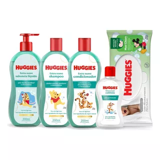 Kit Huggies Shampoo Cond Colônia Lenço Max + Sab Líq Banho 