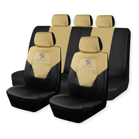 Cubreasiento Funda Ecocuero Peugeot Negro Beige Logo Bordado