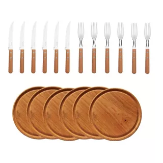 Set Asado X6 Platos Madera Con Juego De Cubiertos Tramontina