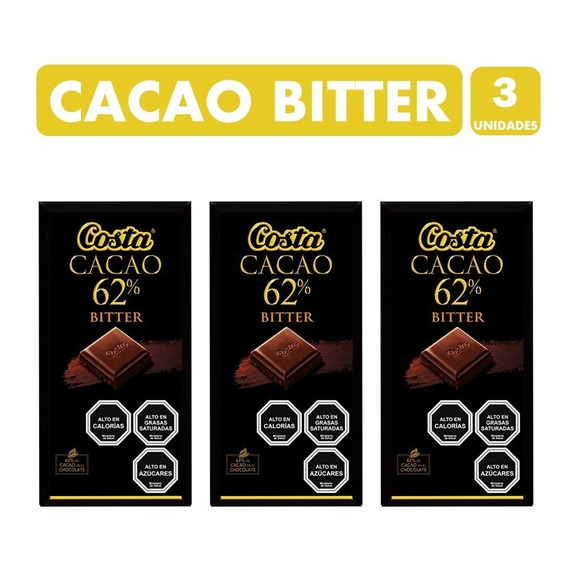 Chocolate Cacao 62% Bitter, De Costa - (pack De 3 Unidades).