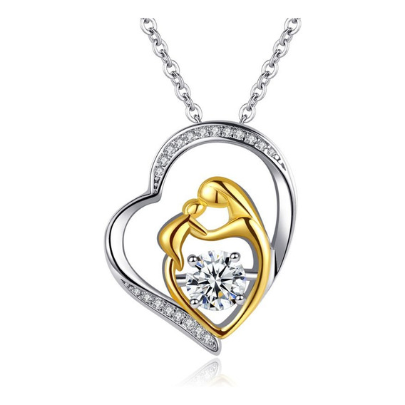 Collar Corazón Mamá Bebe Amor Plata 925+ Oro+ Diamante Cz