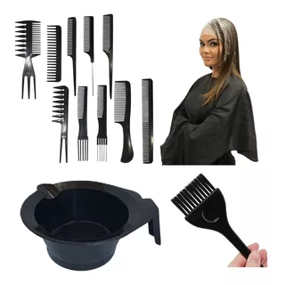 Set De 10 Peines + Gorro De Silicona + Bowl + Pincel Tintura